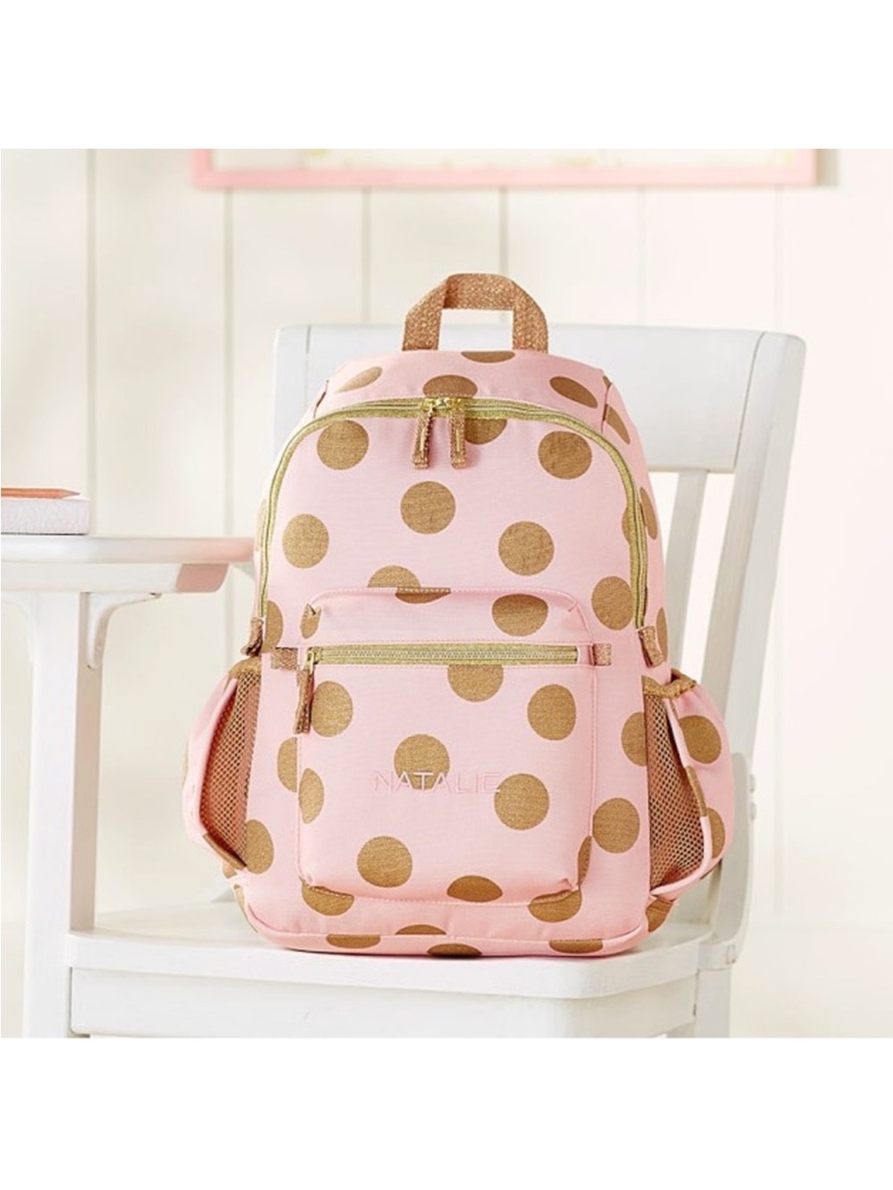 Pottery Barn Kids Pink and Gold Polka Dot Backpack
